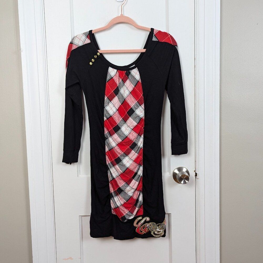 Coogi | Black/Red Plaid Ruched Long Sleeve Dress Size Medium